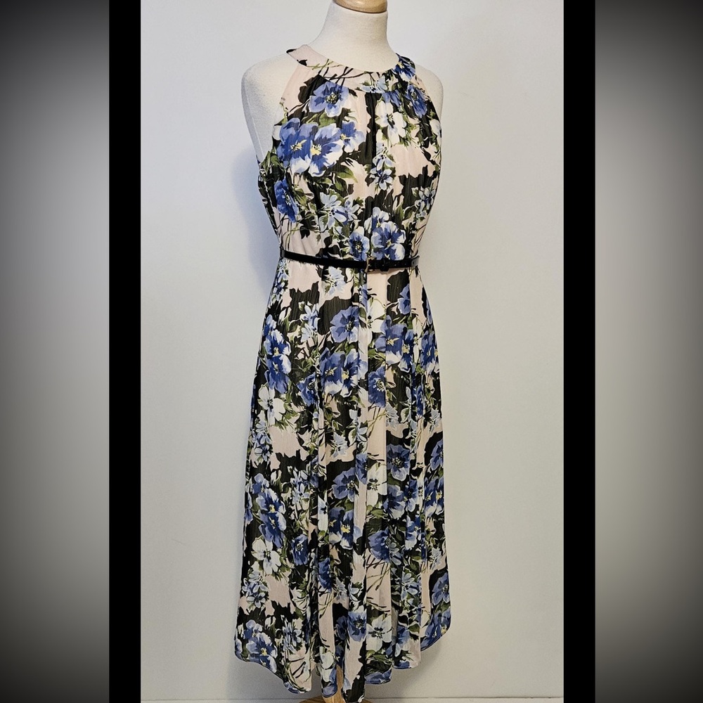 Tommy Hilfiger Belted Chiffon Midi Dress in Soft Pink and Blue Spring Florals